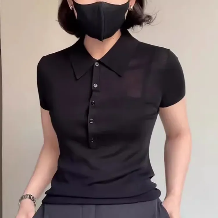 polo领短袖t恤女2025夏季新款简约高级感气质正肩修身显瘦上衣潮