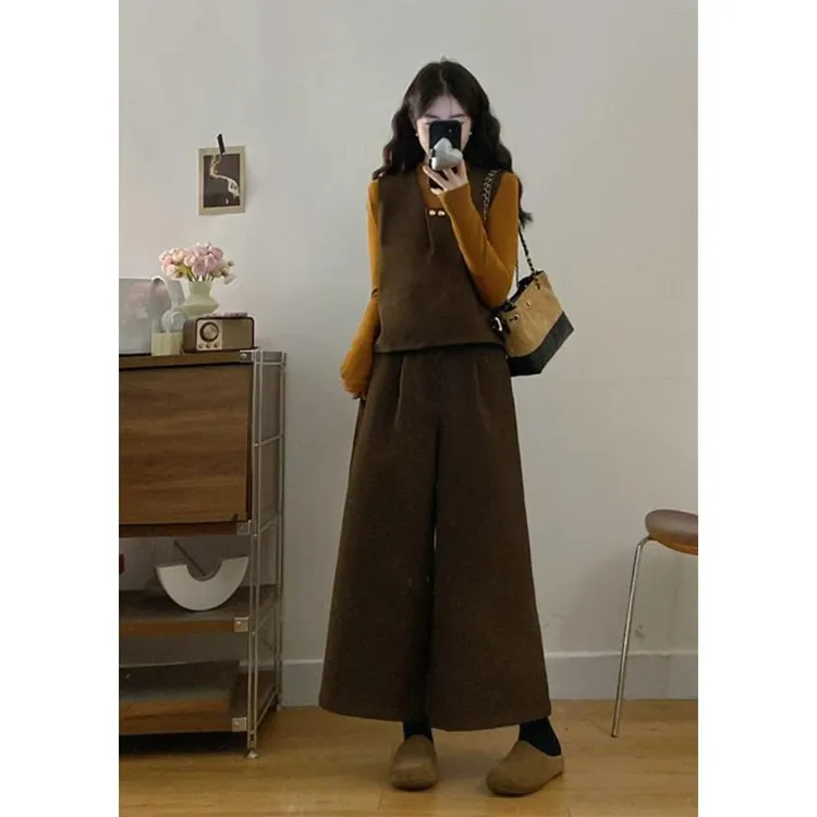 大码女装胖mm新款时尚秋冬长袖打底简约马甲假阔腿裤三件套