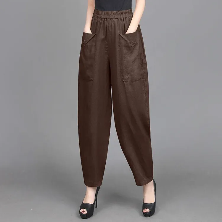专柜品牌棉麻休闲裤女薄款2024夏季新款妈妈装时尚松紧腰九分裤百