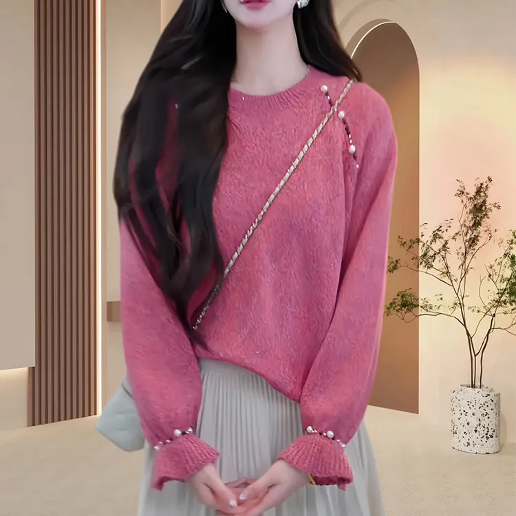 小个子时尚减龄钉珠针织衫女2025秋冬新款休闲百搭喇叭袖毛衣上衣