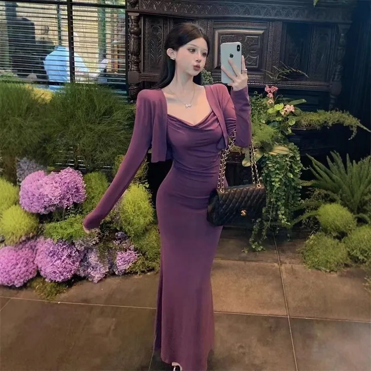 紫色纯欲修身显瘦包臀裙女秋季减龄时尚吊带连衣裙气质开衫两件套