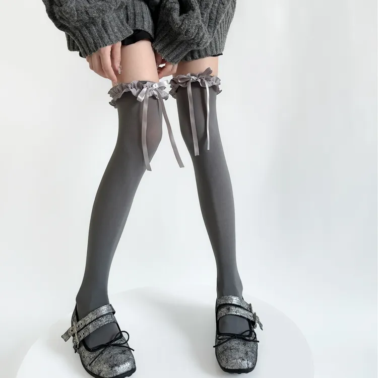 lolita奶白过膝袜女天鹅绒甜美花边蝴蝶结蕾丝长筒袜子灰色小腿袜
