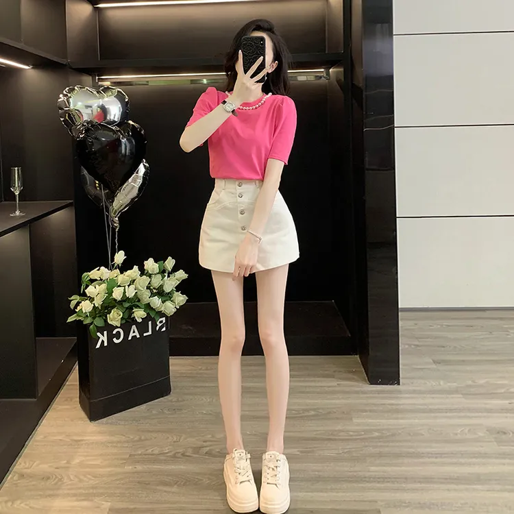 夏季新款气质时尚洋气设计感短袖T恤搭配高腰白色牛仔短裙套装女