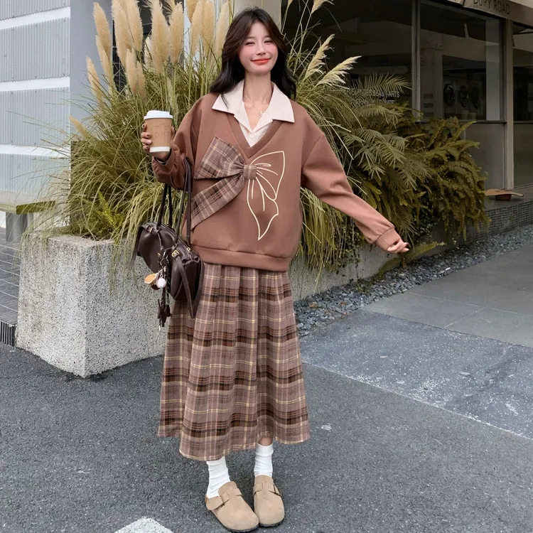 美拉德色蝴蝶结撞色卫衣格子半身裙套装两件套女早春秋韩系学院风