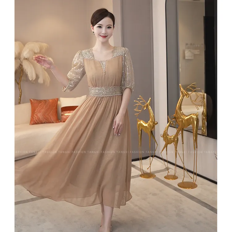 预售2025夏季新款【LT-1121】法式轻奢风香槟金礼服亮片连衣裙子女