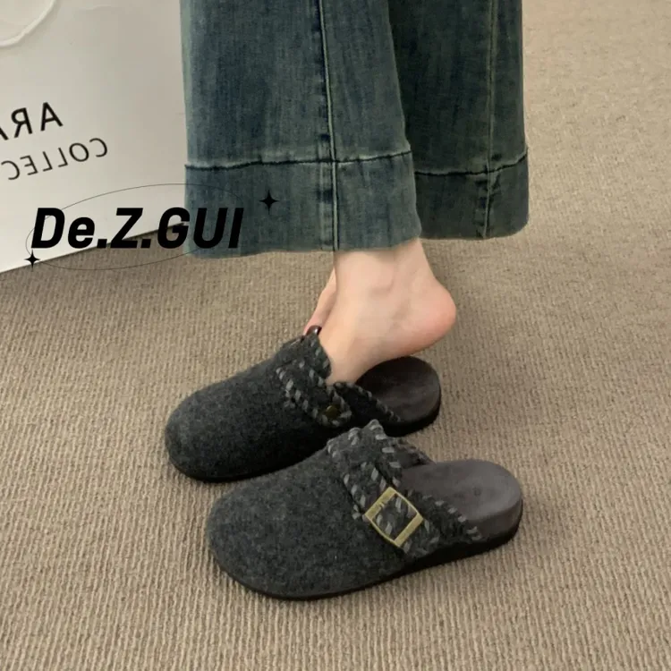 复古灰色绒面晚晚风包头半拖女外穿2025新款一脚蹬厚底毛毡勃肯鞋