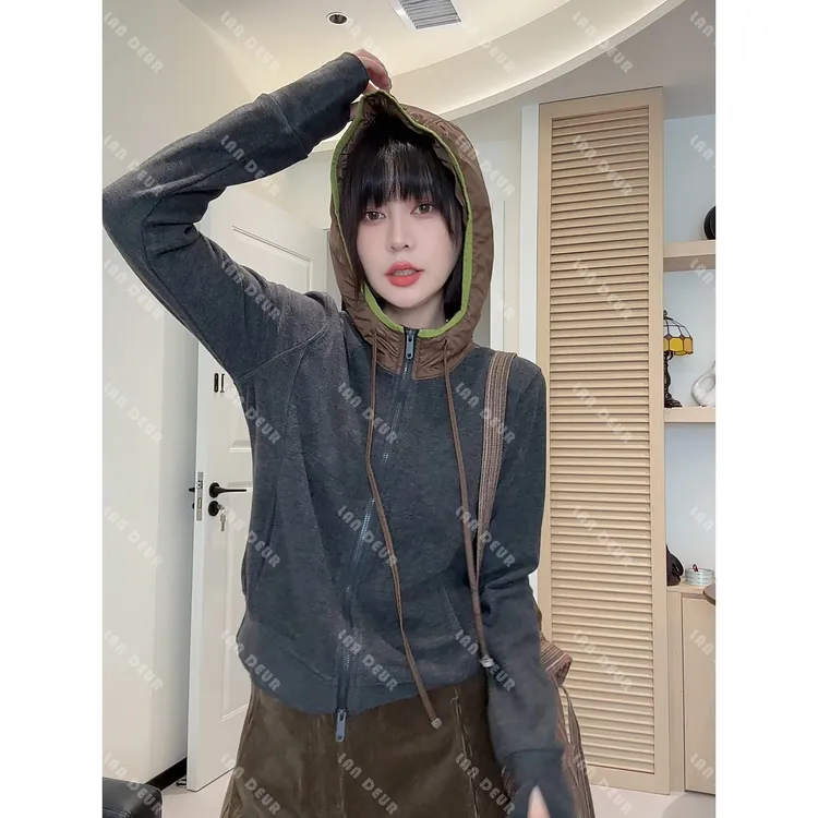 JIUJIU【青山薄暮】莱赛尔百搭连帽拉链撞色设计感秋冬卫衣外套女