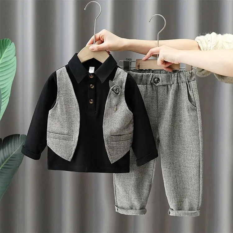 男童春秋套装儿童拼接假两件衬衫男孩英伦风西服洋气礼服两件套潮