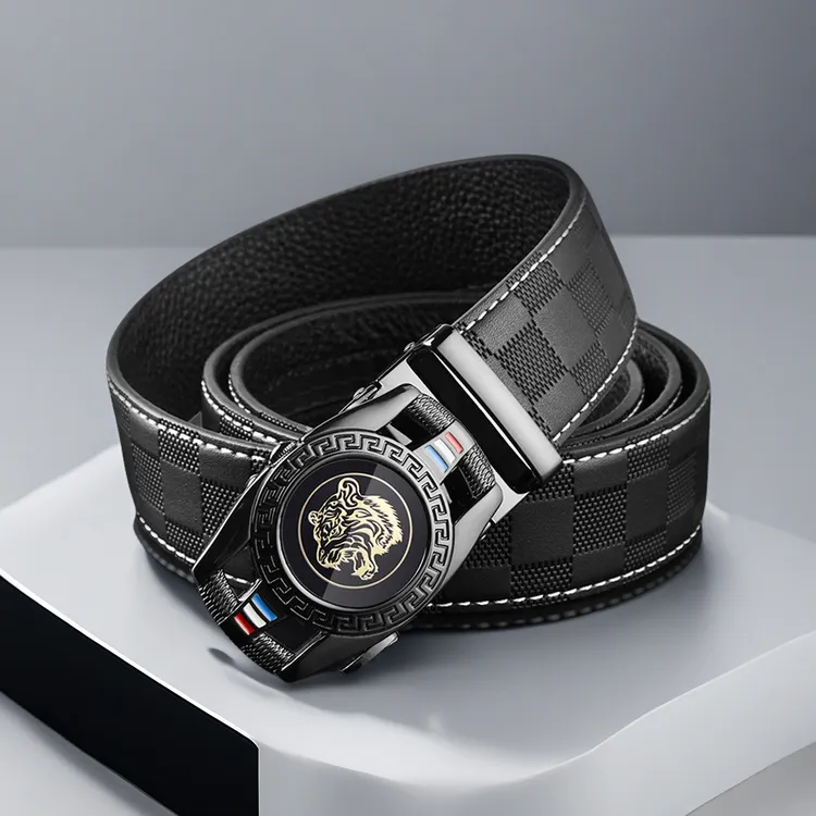 潮流皮带男士格纹自动扣商务牛皮腰带真皮裤腰带时尚裤带男生礼物