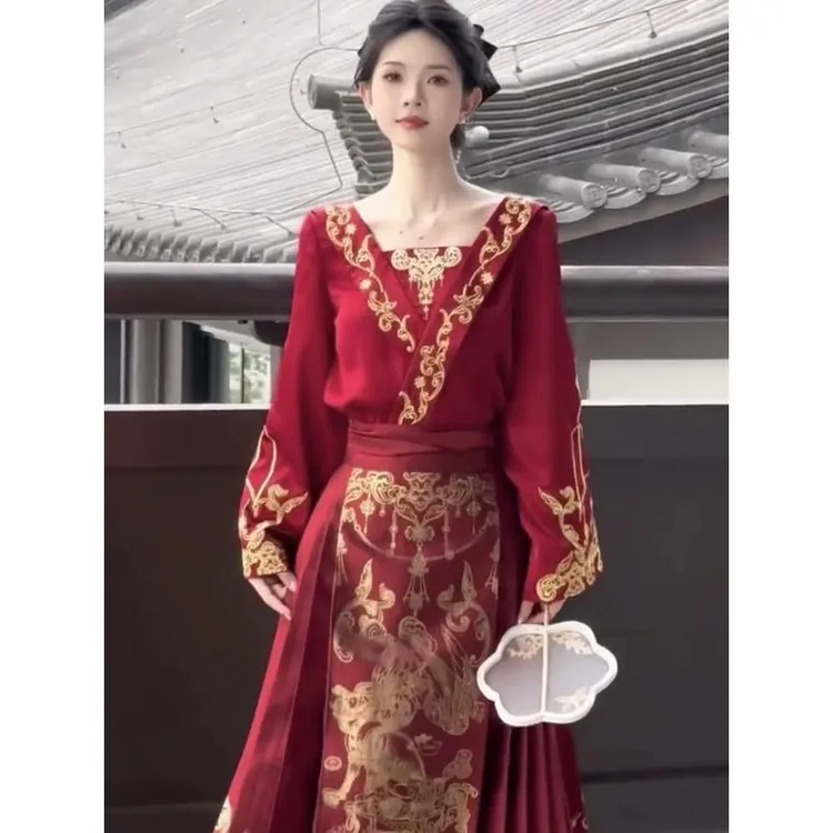 新款中式[珠联璧合]重工马面裙汉服敬酒服订婚服新娘服半身裙套装