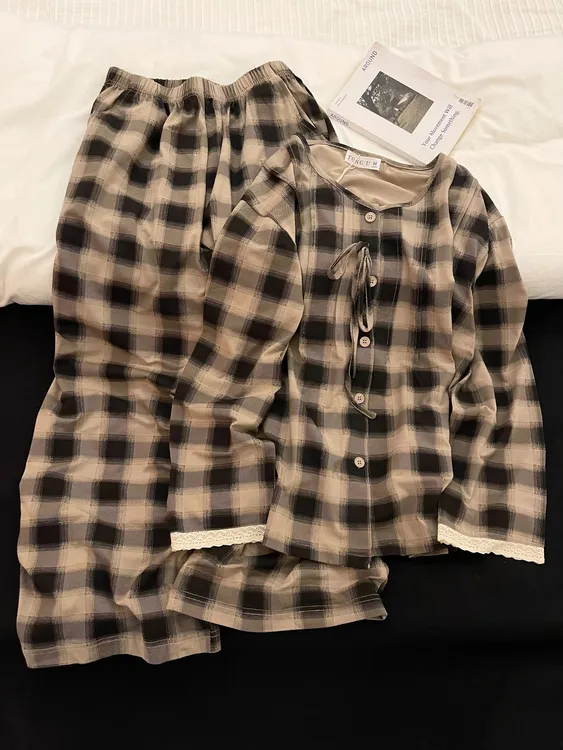 【DMXJ大梦想家】甜美可爱格子睡衣女款夏季新款宽松长裤家居服套装