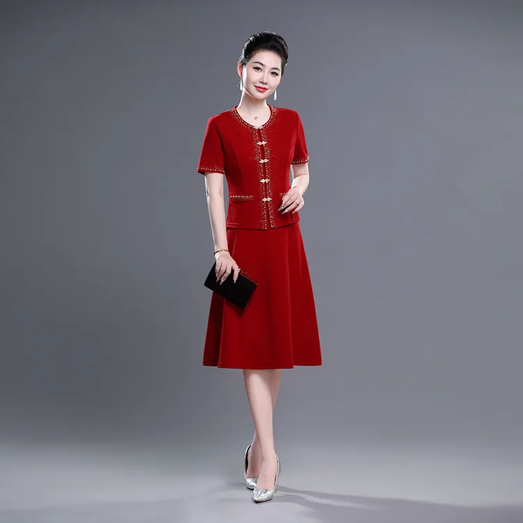 夏季高端婚庆礼服结婚妈妈装喜婆婆两件套短袖办婚礼红色婚宴套装