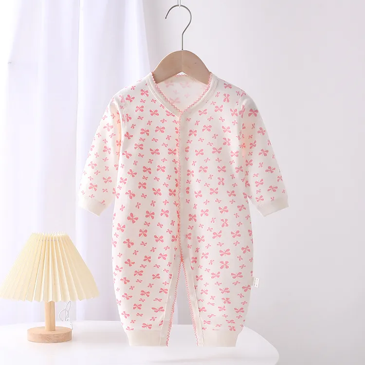 婴儿连体衣纯棉长袖新生婴儿哈衣外出爬服春秋款家居服花边