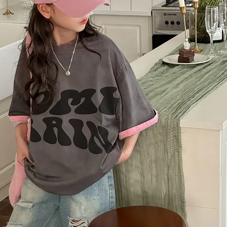 K26115双面设计女童夏装短袖T恤2025新款儿童上衣宽松休闲半袖潮t