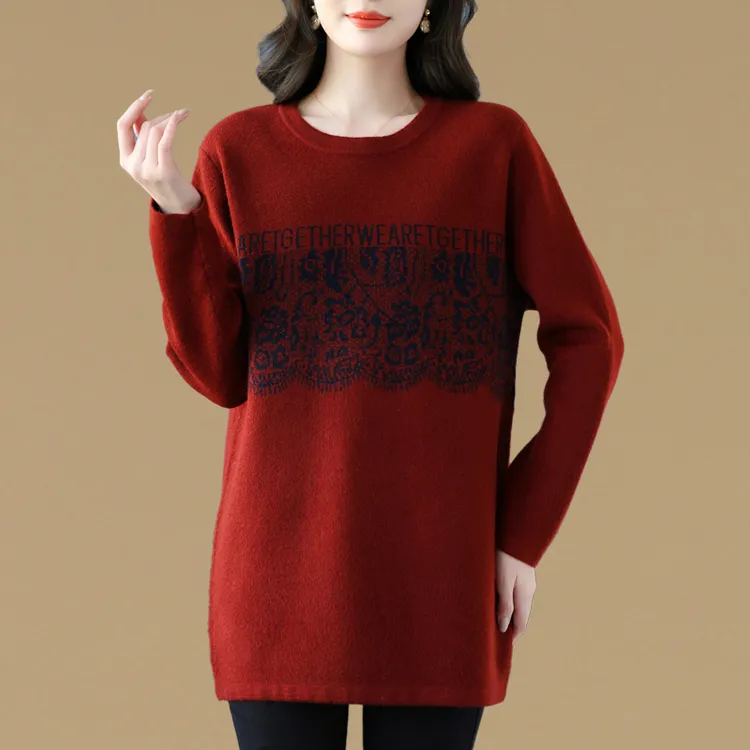 高级感气质大码加厚提花中长款毛衣女套头秋冬宽松洋气针织打底衫