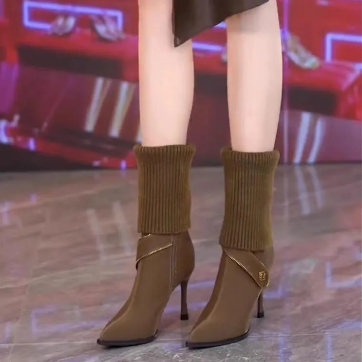 【澳门专柜正品】性感金属皮带扣尖头高跟不过膝长筒靴女2025年秋冬