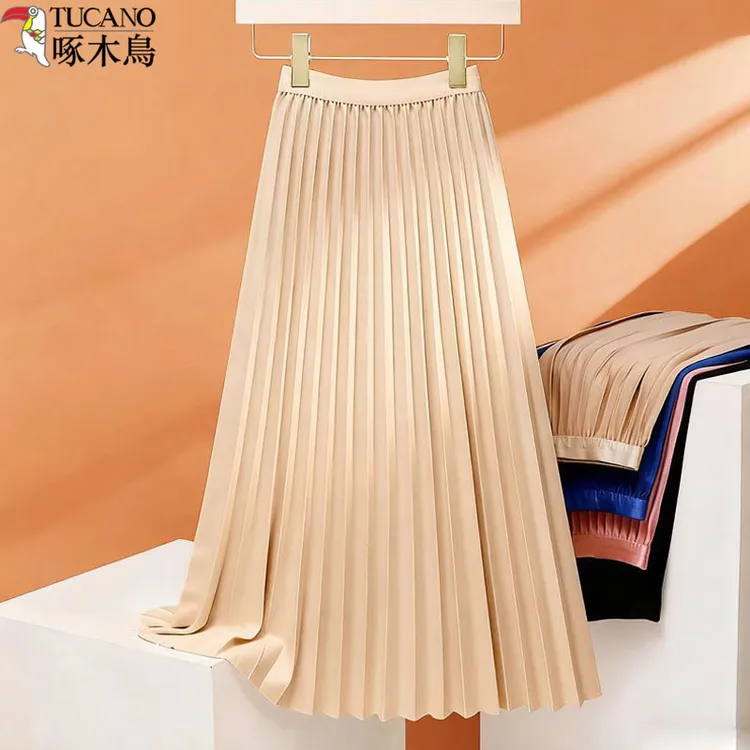 啄木鸟高级感毛呢百褶裙女款秋冬高腰中长款显瘦百搭流光风半身裙