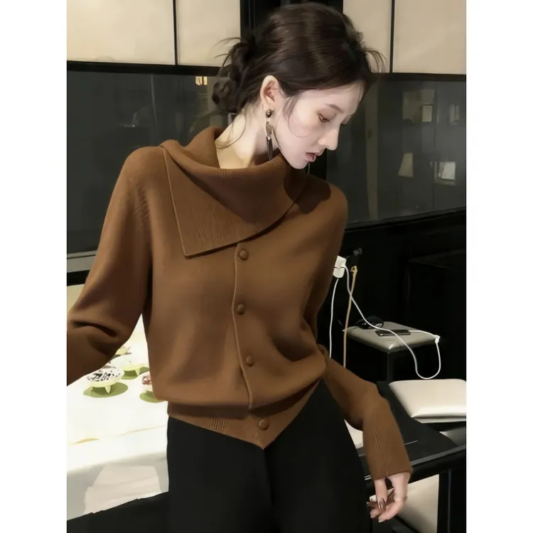 2025新款冬季巨好看的穿搭韩系慵懒高级感棕色高领毛衣针织上衣女