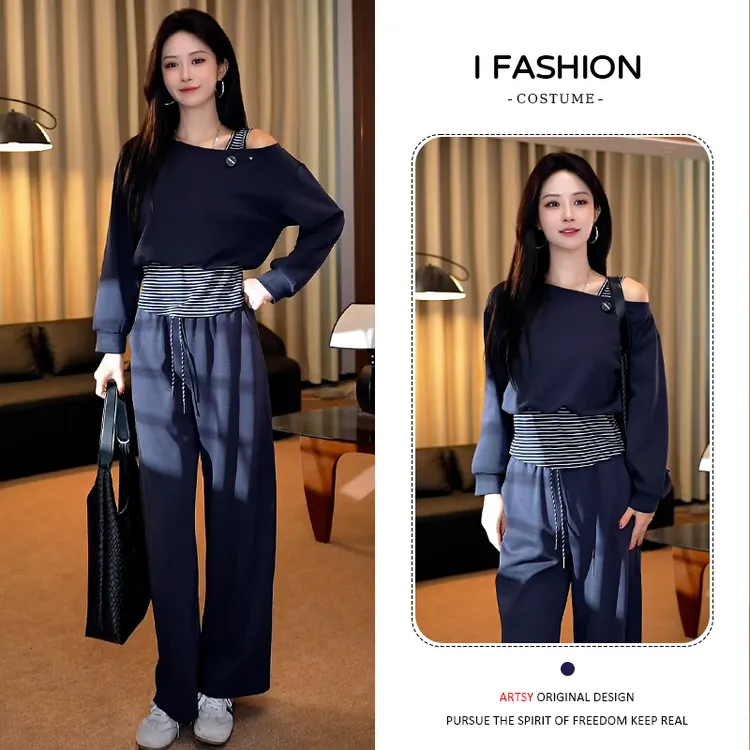 高含棉法式时尚套装女2025年春秋新款慵懒假两件上衣阔腿裤两件套