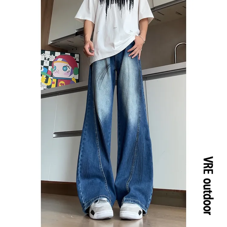 美式复古弯刀牛仔裤裂痕水洗裤子cleanfit线条宽松帅炸街阔腿长裤