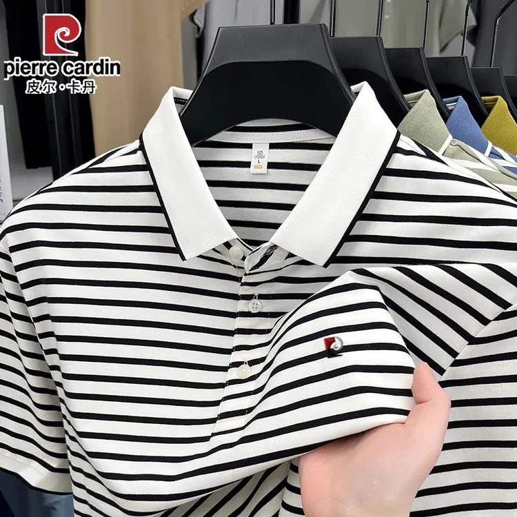 皮尔卡丹含桑蚕丝男装丝光棉短袖T恤高档商务休闲翻领T条纹POLO衫