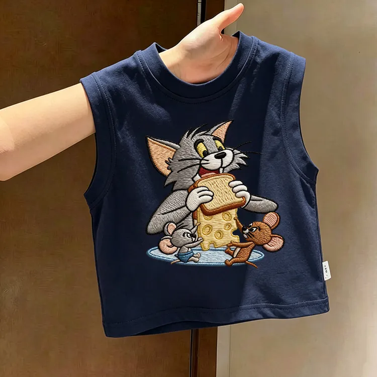 纯棉新款儿童卡通猫和老鼠背心无袖T恤男女宝宝休闲百搭外穿背心