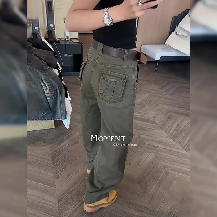 美式复古军绿色工装牛仔裤女2025秋季新款大码窄版高腰遮跨弯刀裤