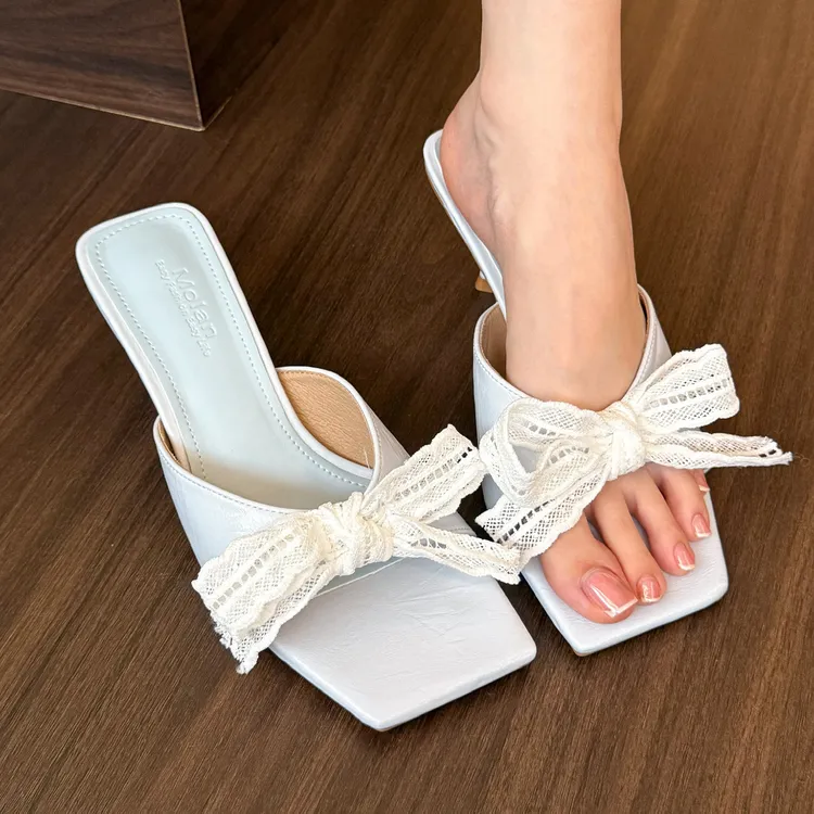 elingstudio 海盐少女！淡蓝色蕾丝蝴蝶结凉鞋女法式仙女风高跟鞋