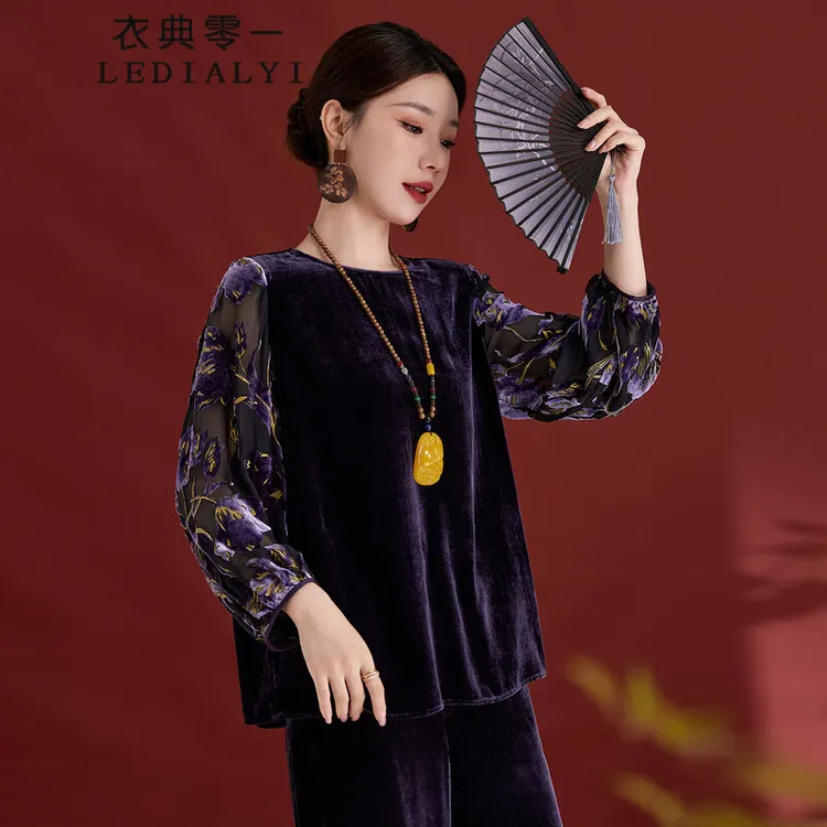 杭州大牌真丝丝绒提花上衣女2025秋季新款新中式复古桑蚕丝衬衫