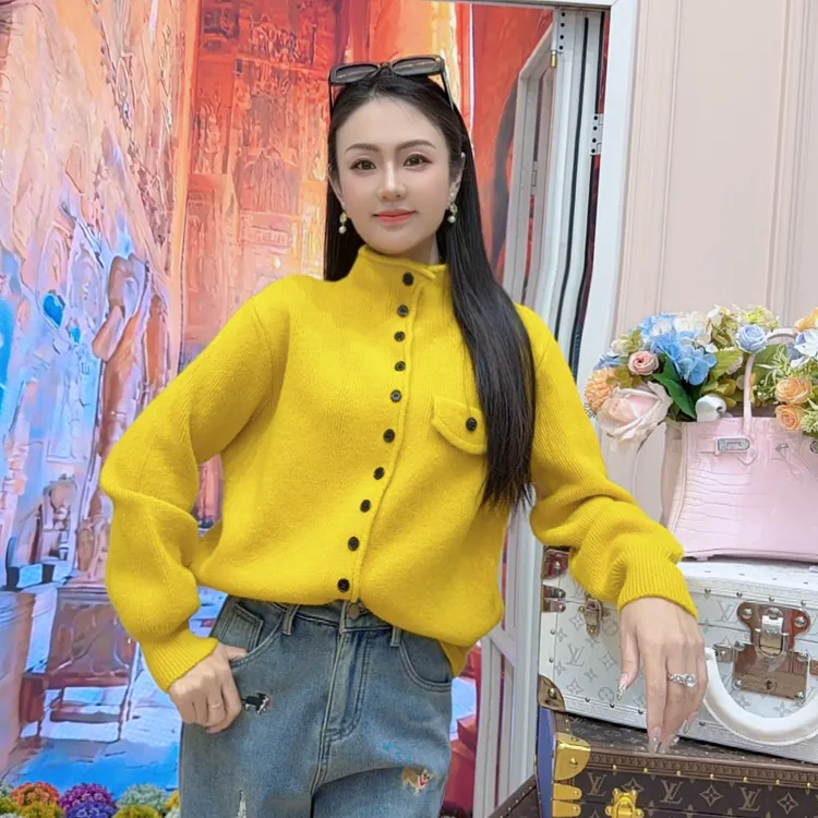 秋冬厚款针织气质毛针织衫开衫款撞色扣子休闲纯色上衣时尚
