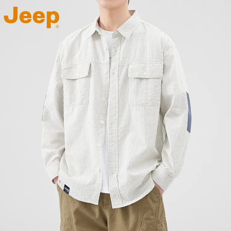 JEEP吉普高端细格长袖衬衫男款春秋季宽松泡泡纱美式潮牌休闲上衣