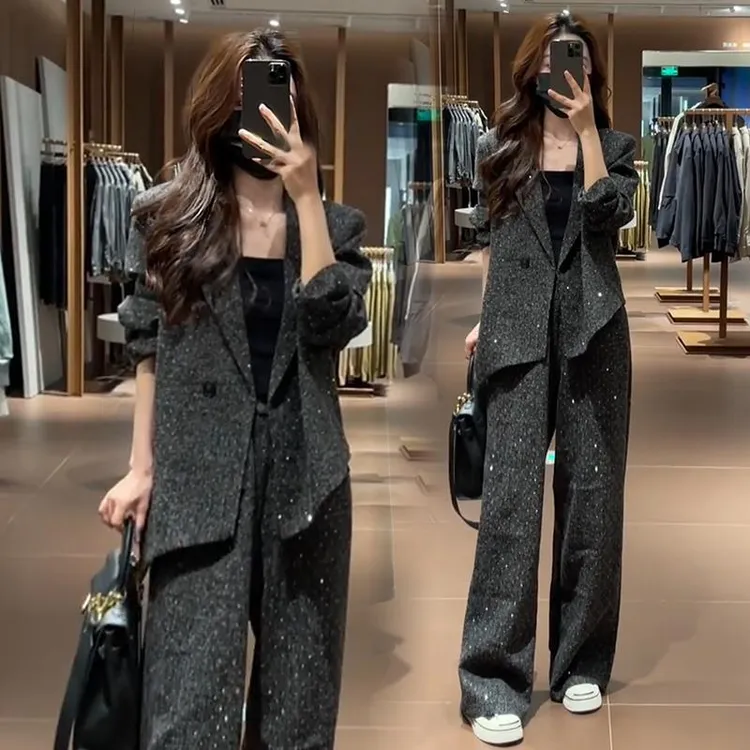 时尚套装女2025年秋季新款小香风洋气显瘦西服外套阔腿裤两件套潮