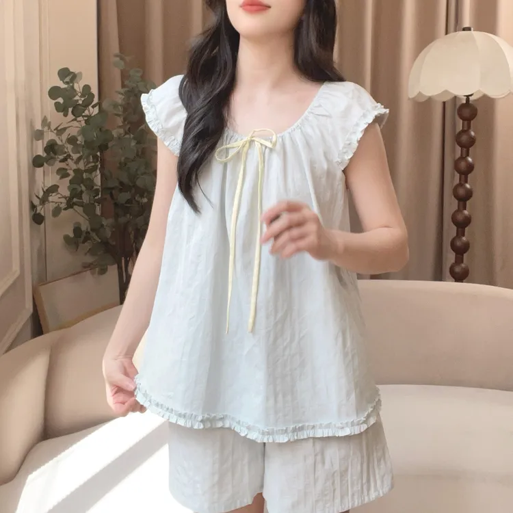 【5895晴空】飞飞袖短裤甜美新款纯棉薄夏季外穿家居服睡衣带胸垫