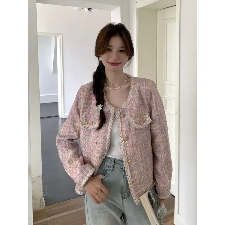 粉色小香风外套春秋女2025新款韩系甜美名媛风减龄粗花呢短款上衣