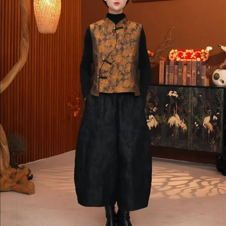 欧洲站2025春季新款设计感宽松显瘦无袖马甲高腰纯色花苞裤女