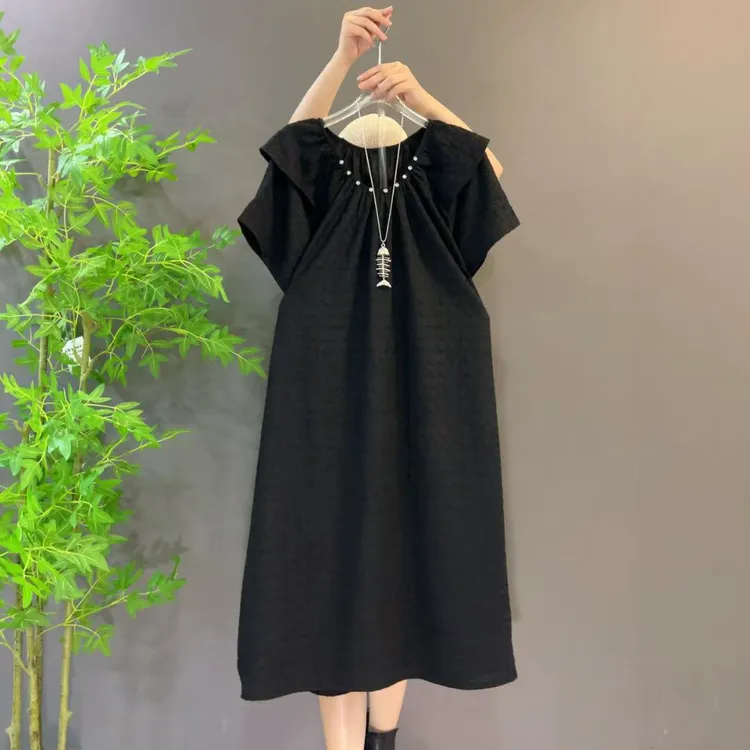 9053法式气质大码连衣裙女夏款高级感温柔宽松飞飞袖中长裙