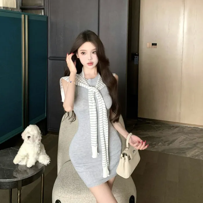 灰色无袖针织背心连衣裙女夏季修身收腰裙子辣妹紧身显瘦包臀短裙