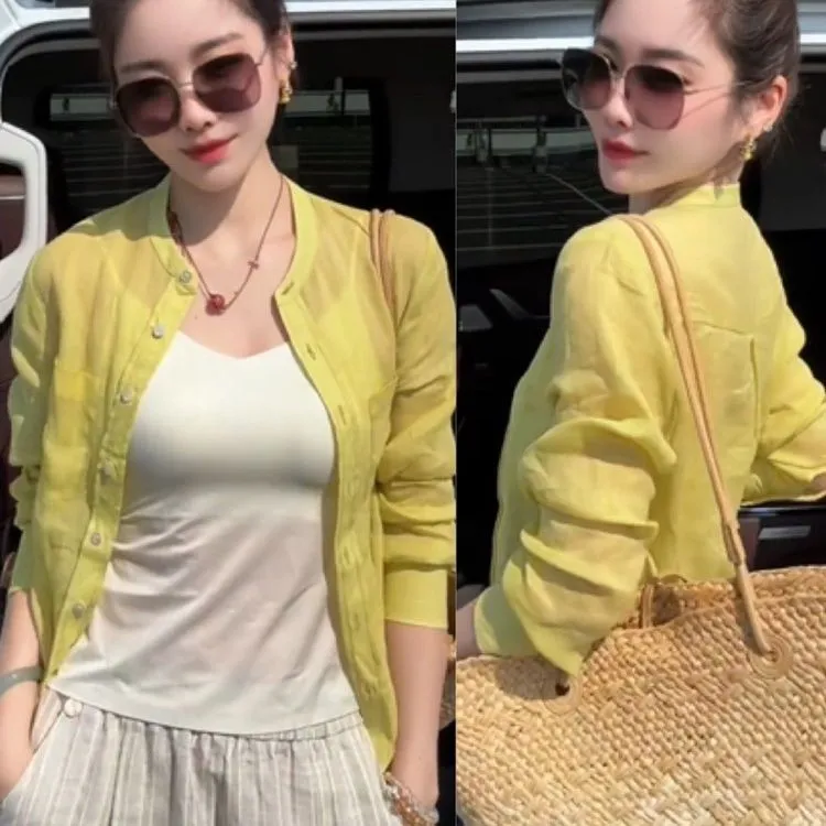 通勤穿搭超好看独特漂亮极简风芥末黄防晒衬衫小上衣女宽松慵懒风
