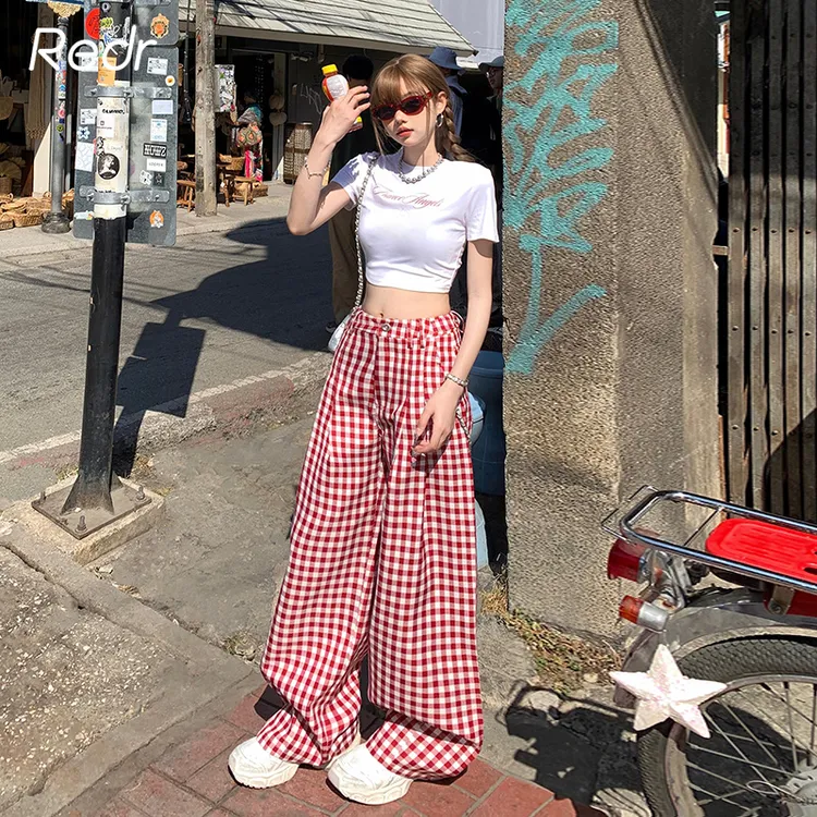 REDR红色格子裤子女2025新款撞色休闲裤宽松显瘦直筒阔腿裤子