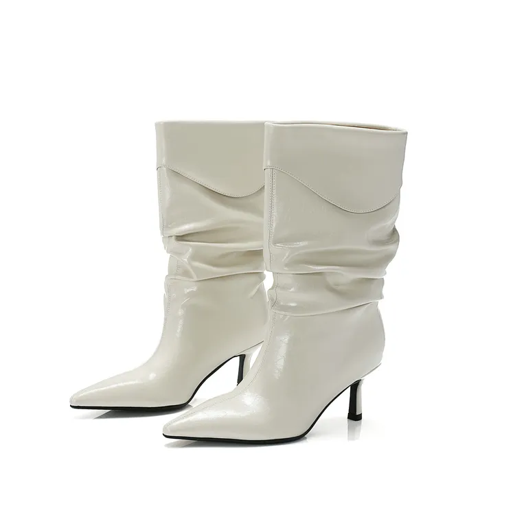 柒嘉【原创设计北欧风 真皮堆堆靴】高跟时装靴中筒靴宽筒围女靴