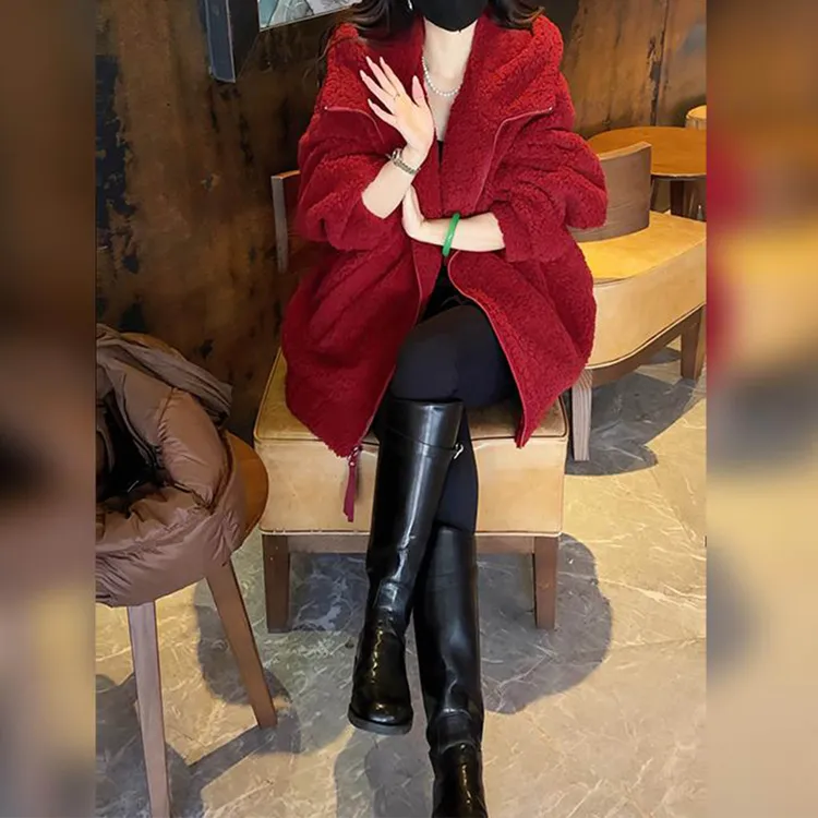 洋气百搭中长款连帽棉服女2025冬季新款时尚加厚保暖红色棉衣外套