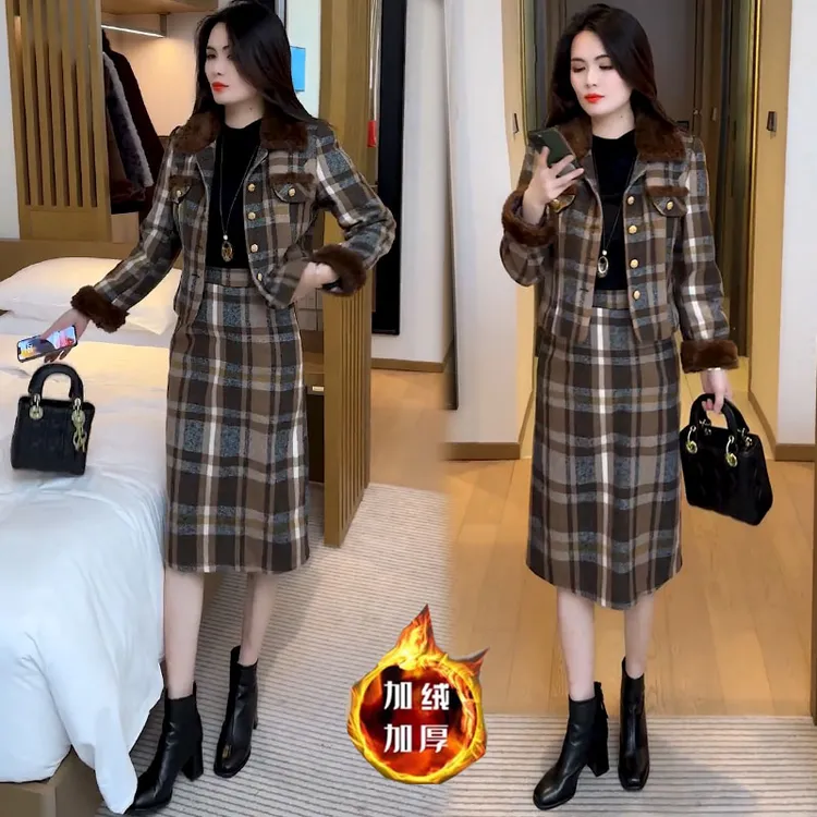 格子时尚套装女2025冬季新款时髦洋气加绒加厚短外套半身裙两件套