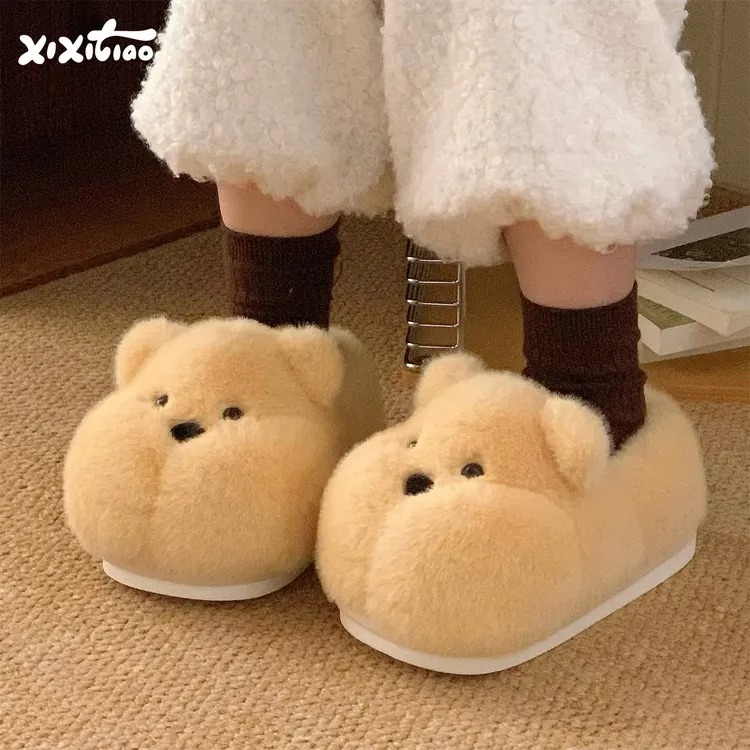 细细条 软萌小胖熊棉拖鞋男女ins保暖包跟冬季居家防滑情侣毛毛鞋
