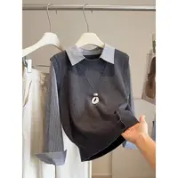 2025早秋新款针织马甲叠穿条纹长袖衬衫女减龄收腰设计假两件上衣