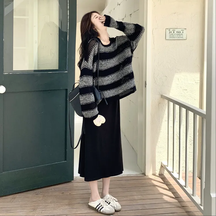 韩系慵懒风条纹毛衣吊带连衣裙套装女2025秋季新款宽松显瘦两件套