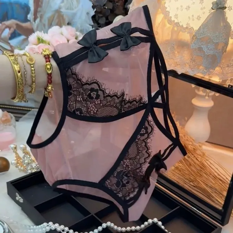 法式大码网纱性感纯欲风镂空蝴蝶结高腰柔软透气三角内裤
