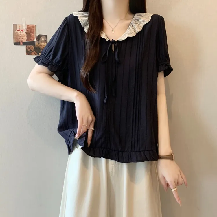 大码法式娃娃领褶皱系带短袖衬衫女夏季胖MM宽松显瘦百搭洋气上衣