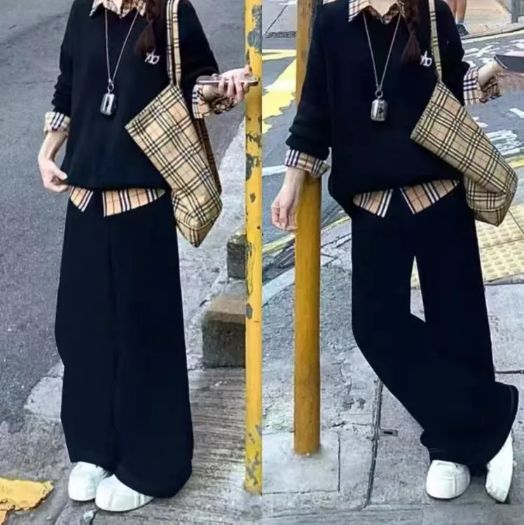 女春秋美式学院风显瘦假两件卫衣宽松休闲运动套装