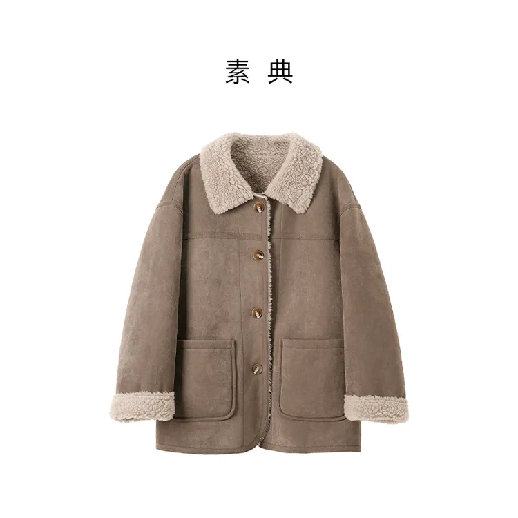 素典【秀场轮廓】皮毛一体双面双穿仿麂皮长袖短外套毛毛外套5921