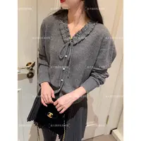 老赵服饰 镶钻木耳边系带V领长袖软糯针织开衫上衣21AU5084